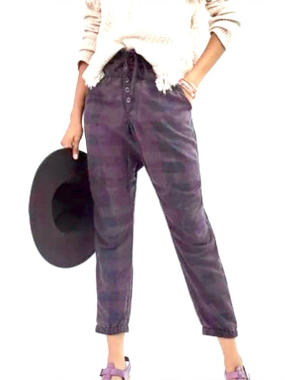 Anthropologie Jackie Washed Black High-Rise Button Front Cropped Joggers xs